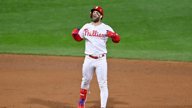Philadelphia Phillies star Bryce Harper celebrates a hit during Game 4 of the 2022 NLCS